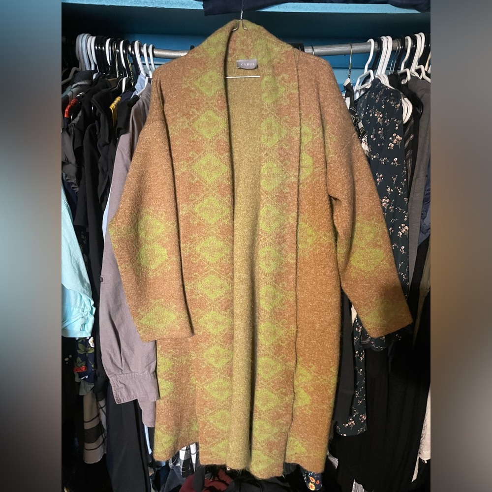 Medium brown & muted chartreuse green long warm & fuzzy sweater coat